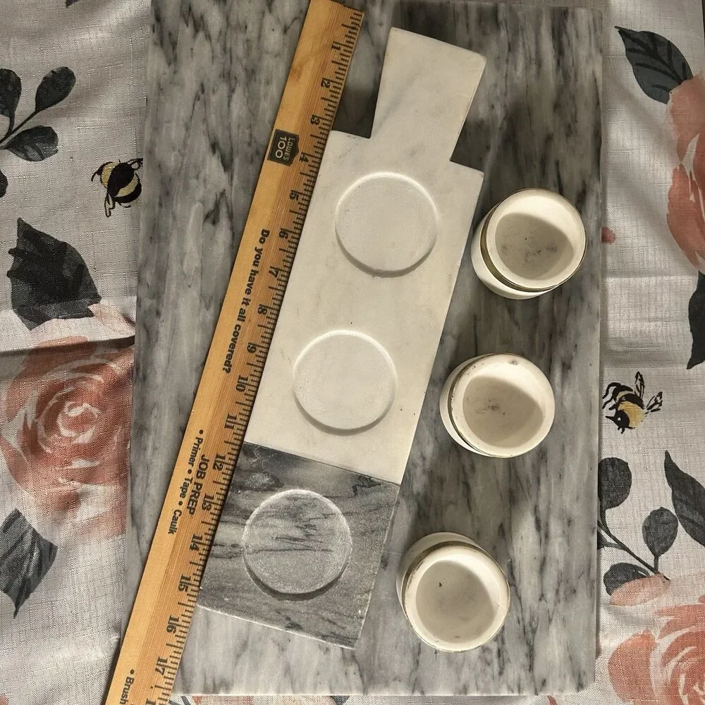 Two Tone Grey And White marble Style Condiment Set With Gold Tone Trim